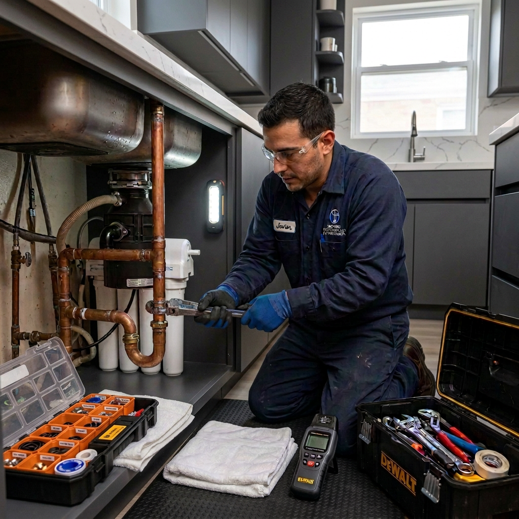 Plumber repairing copper pipes beneath a kitchen sink