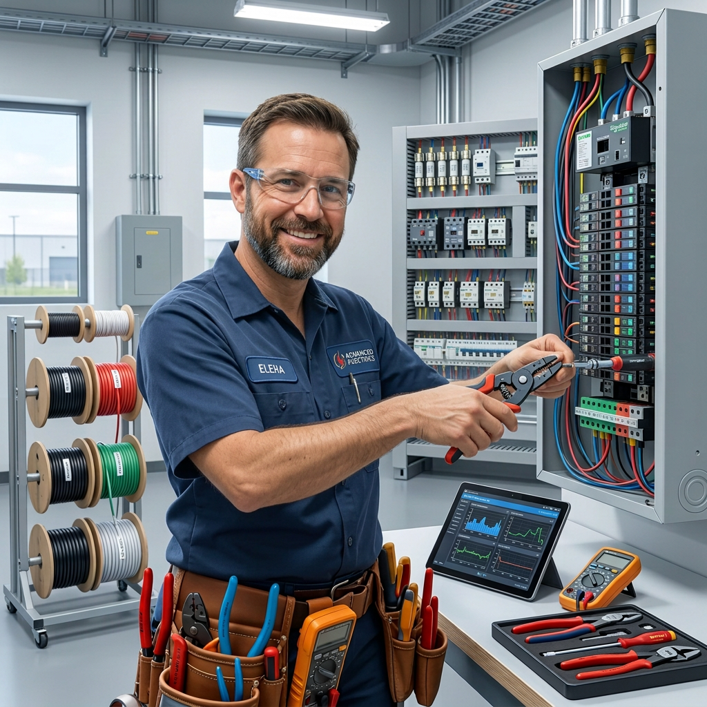 Electrician wearing safety glasses and gloves works on an electrical panel